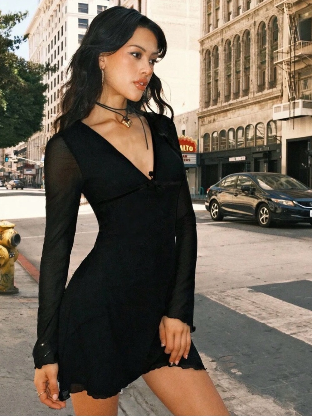 SHEIN Black Long Sleeve V-Neck Mesh Trim Dress